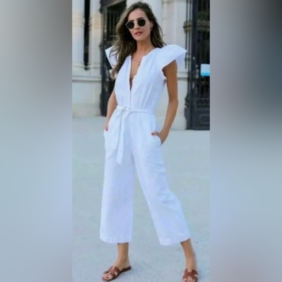 Zara White Rustic Cap Flutter Sleeve Jumpsuit Belted Cotton Summer Sz Small - Picture 6 of 16
